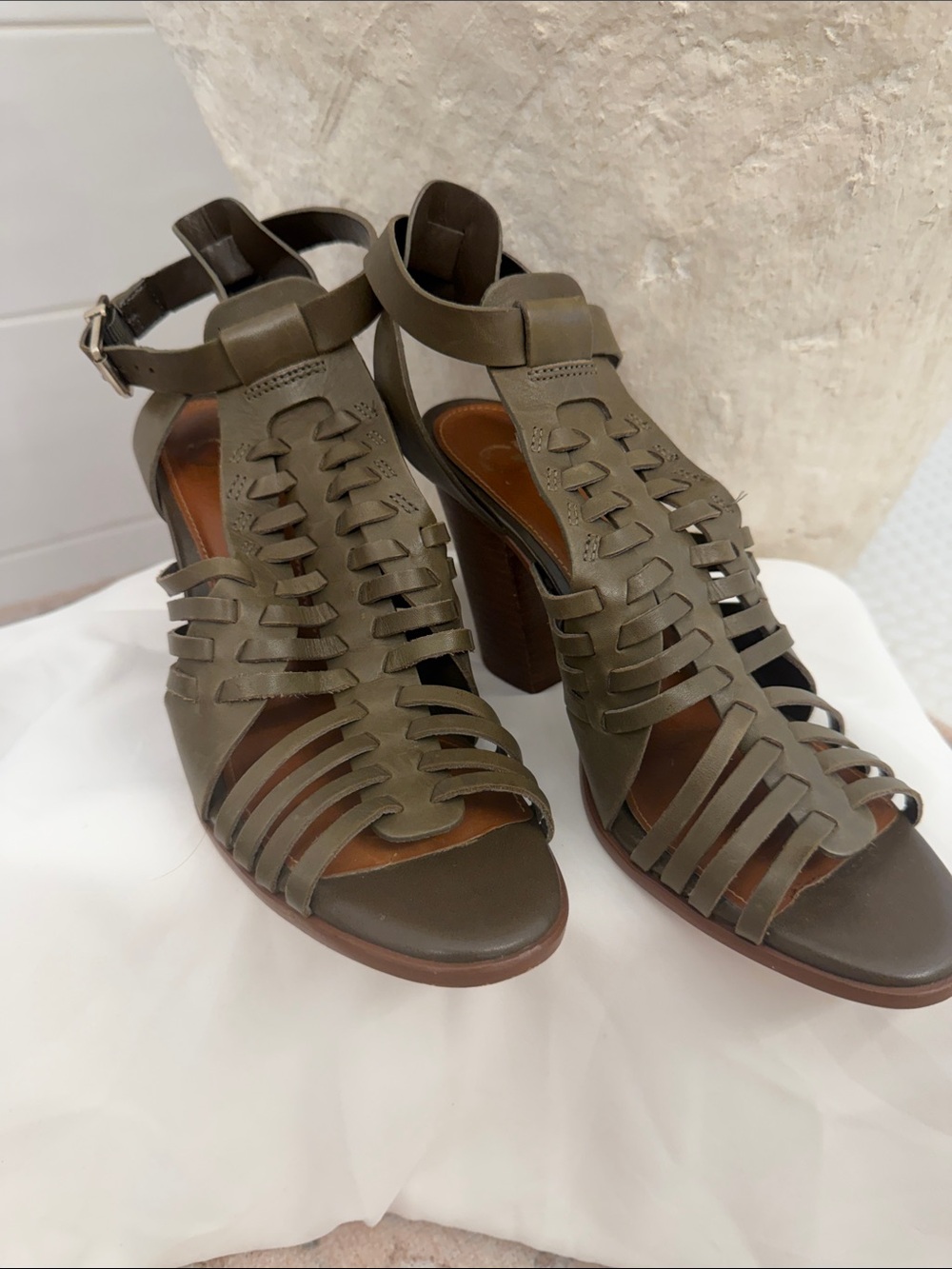 Gianni Bini Olive Woven Leather High Heel Sandals